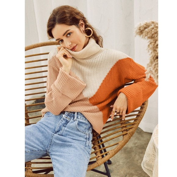 Colorblock Trutleneck Sweater Orange Beige - Picture 2 of 16